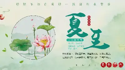 夏至日介绍PPT模板与水彩莲花背景