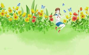 夏天花叢中嬉戲蝴蝶的女孩PPT背景圖片