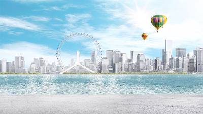 城市摩天輪熱氣球PPT背景圖片