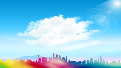 藍天白雲彩色城市剪影PPT背景圖片