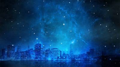 星空下的藍色城市 PPT背景圖片