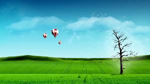 藍天、白雲、草地和熱氣球PPT背景圖片