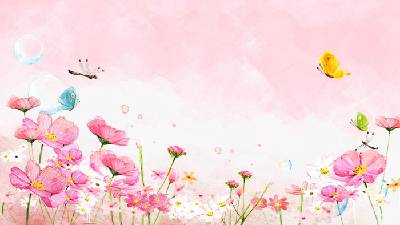 粉红色美丽的水彩蝴蝶和蜻蜓花PPT背景图片