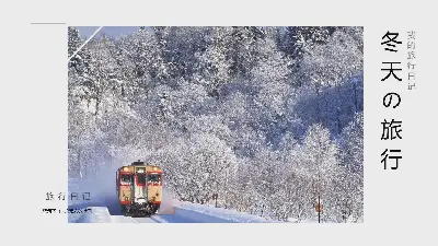 冬季旅游相册PPT模板，以冬季的雪为背景