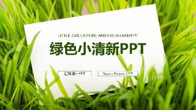 新鲜的工作计划PPT模板，以绿草白卡为背景