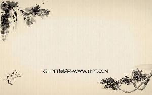 中國風格的古典幻燈片背景圖片，水墨古松和飛鶴瀑布的背景