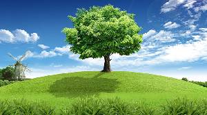 藍天白雲草地風車綠樹PPT背景圖片