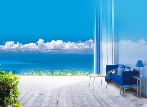 藍天白雲下的海岸之家 PPT背景圖片