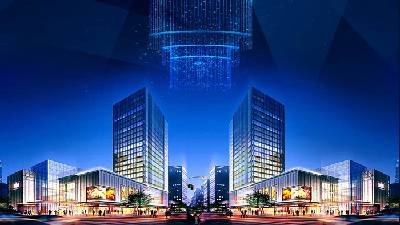 藍色商業建築效果PPT背景圖片